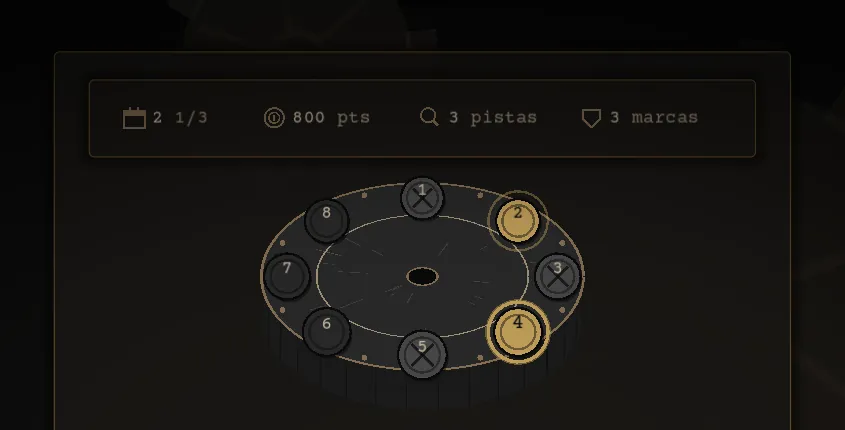 La versión gráfica del Tambor del Juicio: barra de estado con día, puntos, pistas y marcas, y el tambor de metal en escorzo.